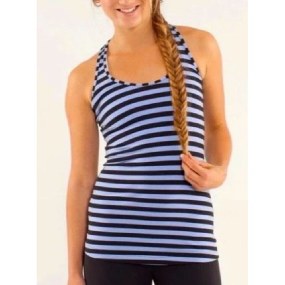 Lululemon‎ Cool Racerback Sea Stripe Polar Haze Black Tank Top Size 2 Yoga
